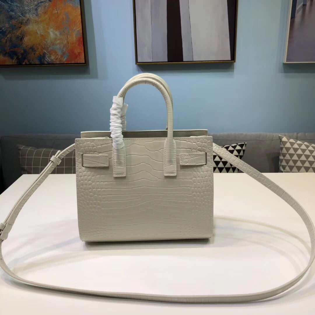 Saint Laurent Sac De Jour Nano Crocodile Embossed Calfskin Handbag Shoulder Bag White 392035 Silver